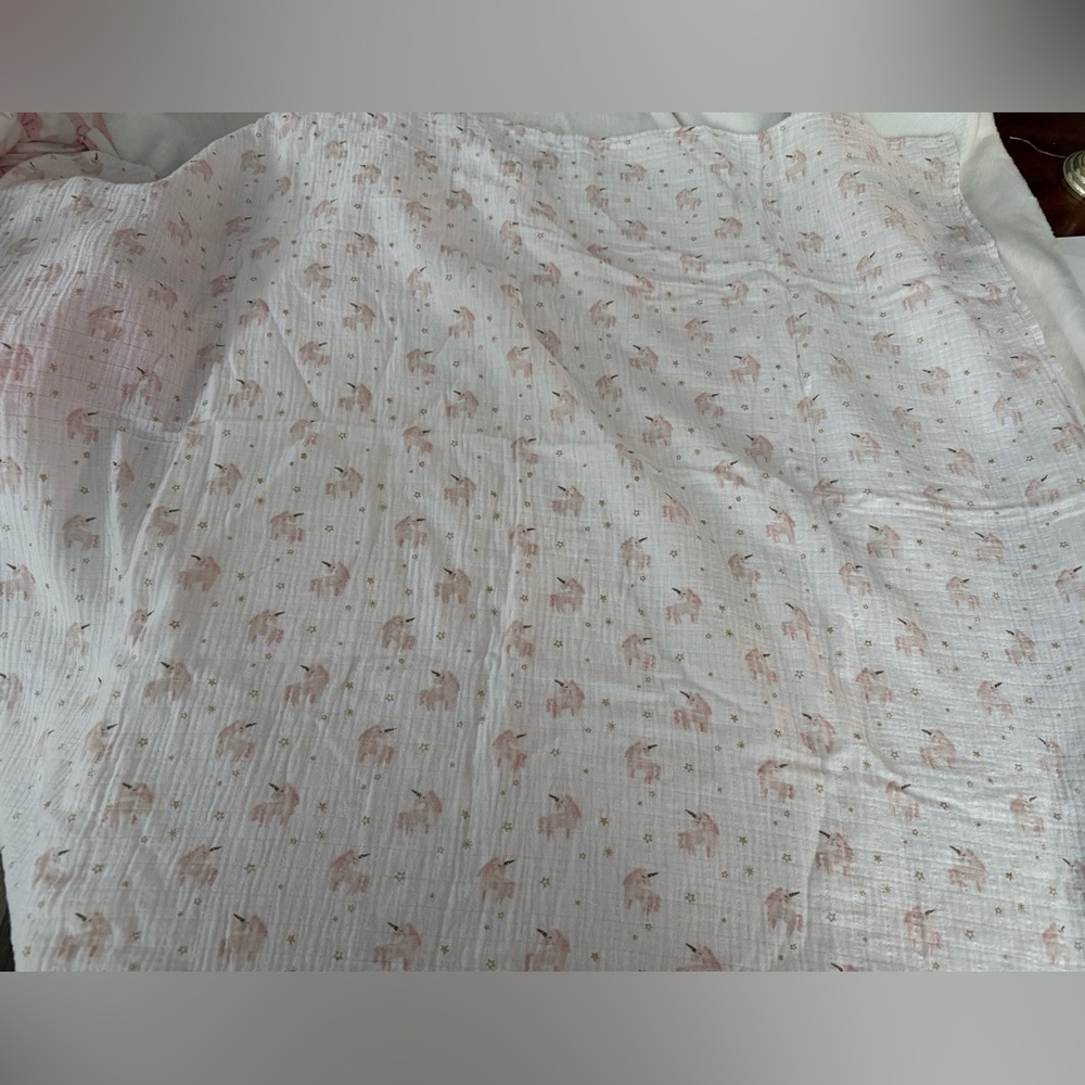MUD PIE Pink Unicorns Gold Stars Print Muslin Baby Blanket